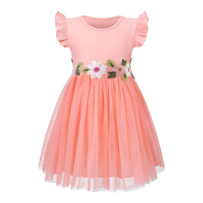 HILEELANG Toddler Little Girls Pink Tulle Dress, Floral Embroidered Flutter Sleeve Summer Birthday Party Dress