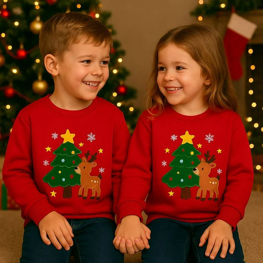 HILEELANG Kids Christmas Sweatshirt, Cotton Pullover Holiday Top with Reindeer and Tree Appliqué, Unisex Toddler Boys Girls Xmas Shirt