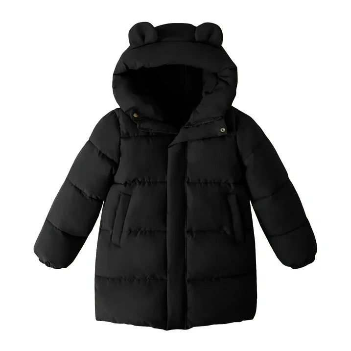 HILEELANG Kids Black Mid-Length Puffer Coat – Thick Quilted Winter Jacket with Bear Ear Hood, Warm Insulated Outerwear for Boys & Girls