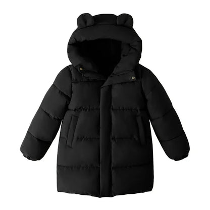 HILEELANG Kids Black Mid-Length Puffer Coat – Thick Quilted Winter Jacket with Bear Ear Hood, Warm Insulated Outerwear for Boys & Girls