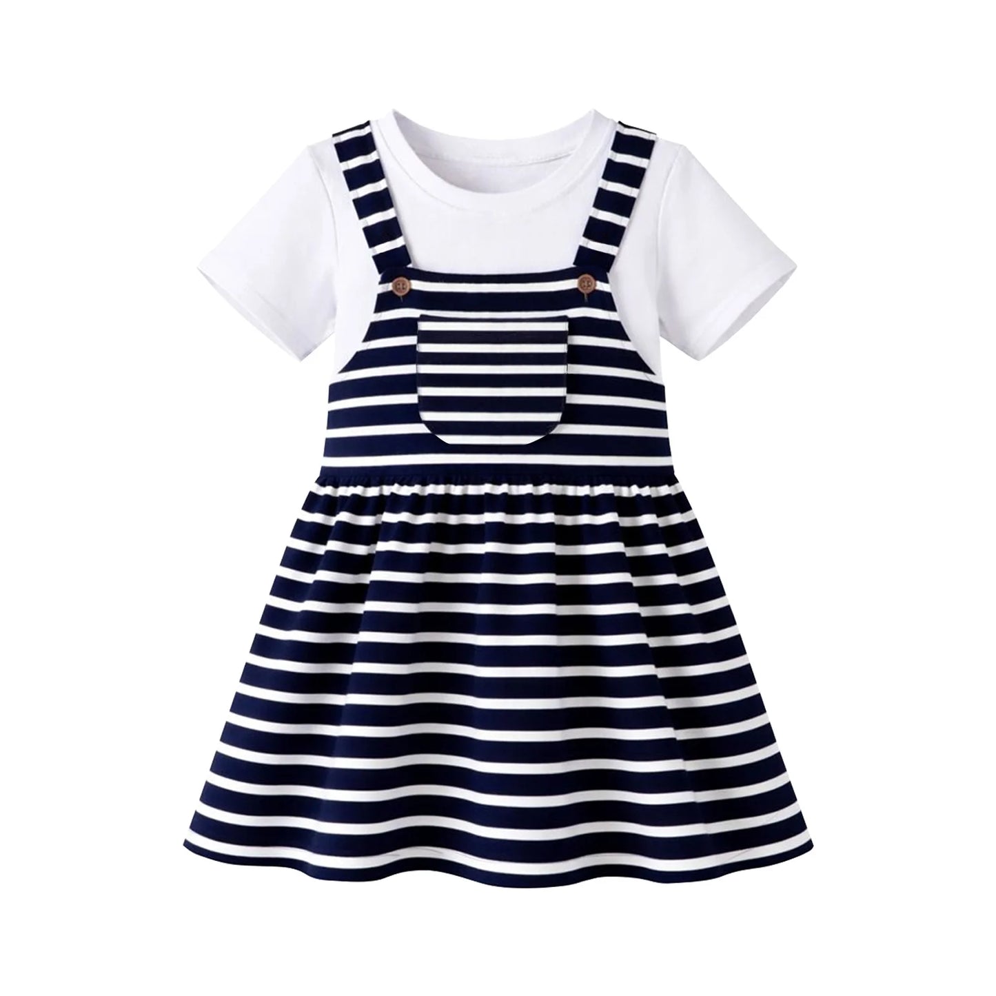 HILEELANG 2-8T Toddler/Little Girls Navy Ivory Stripe 100% Cotton Dress