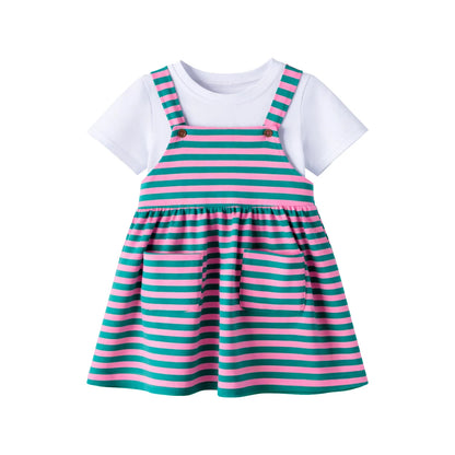 HILEELANG 2-8T Toddler/Little Girls Green Pink Stripe 100% Cotton Dress