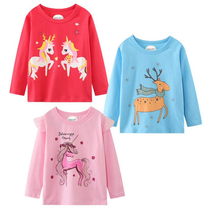 Toddler Girl Long Sleeve Shirts Christmas Ruffle Pink Red Unicorn Graphic Cotton Casual Crewneck Jersey Tunic T-Shirts 3 Packs
