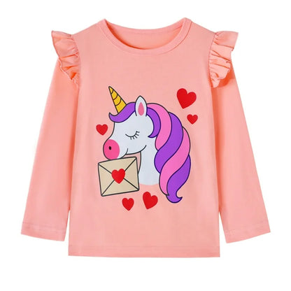 HILEELANG Toddler Girls Long Sleeve Unicorn T Shirts 3 Pack Christmas Red Unicorns Pink Purple Peach Ruffle Love Unicorn – 100% Cotton Fall Winter Kids Tops