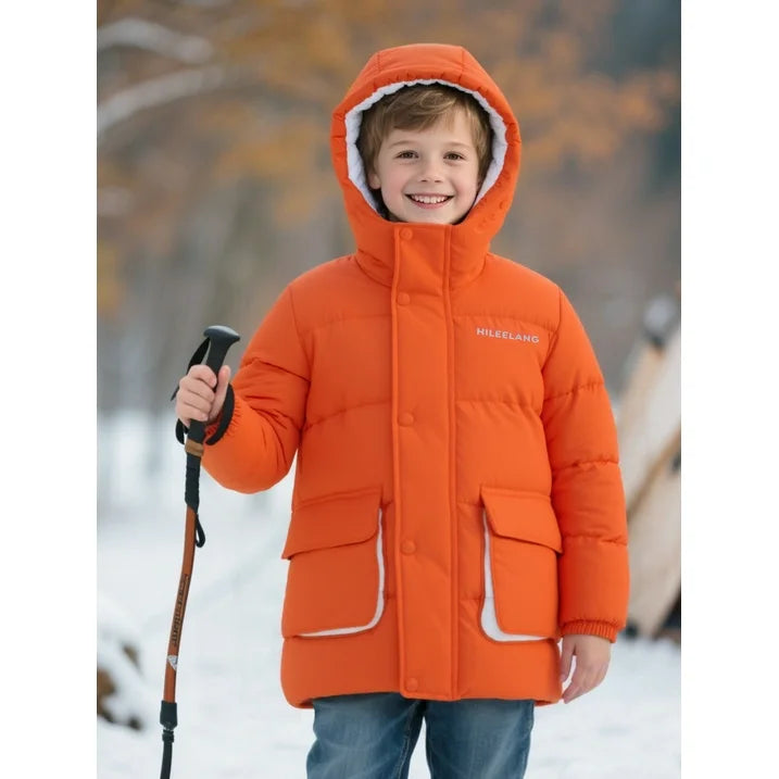 HILEELANG Kids Big Boys Lightweight Puffer Jacket with Hood Warm Light Weigh Water-Resistant Winter Coat for Kids 6-13, Bright Orange Safety Color
