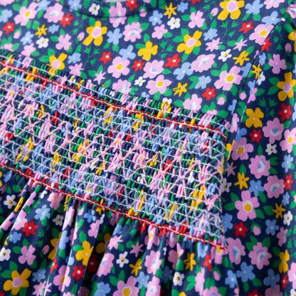 HILEELANG Toddler Girls Cotton Dress 2-7T, 100% Soft Cotton, Long Sleeve Floral Print Smocked Dress for Everyday Wear