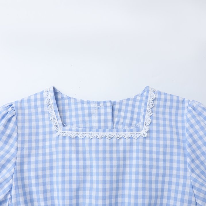 HILEELANG 3-13T Little/Big Girls Blue Gingham Square Neck 100% Cotton Dress