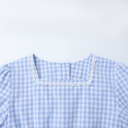 HILEELANG 3-13T Little/Big Girls Blue Gingham Square Neck 100% Cotton Dress