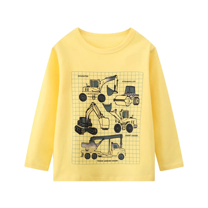 HILEELANG Toddler Boys' Long Sleeve Tee Shirt Christmas Cotton Casual Crewneck Excavator Graphic Tops T-Shirts Yellow Blue 3 Packs