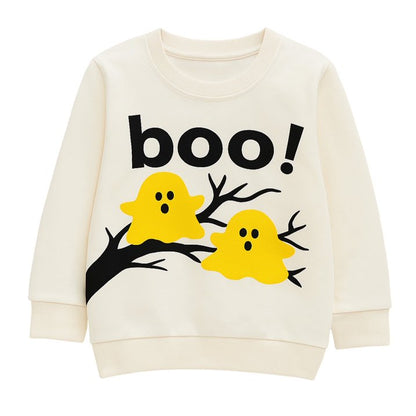 HILEELANG Toddler(18M-7T) Halloween Sweatshirt – 100% Cotton Pullover with Boo Ghost Print, White Crewneck for Boys Girls