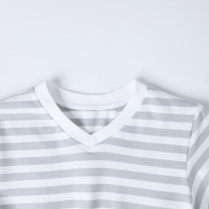 HILEELANG 4–13 Little/Big Girls Gray White Stripe V-Neck Short Sleeve Dress with Waist Tie