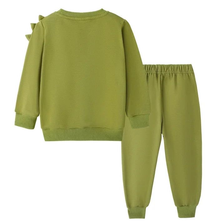 HILEELANG Toddler Boy（2-7Y) 2 Piece Cotton Pullover and Sweatpants Set with Dinosaur Applique, Green Fall Winter Clothes for Kids