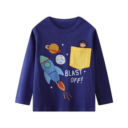 HILEELANG Toddler Boys' Long Sleeve Tee Shirt Christmas Cotton Casual Crewneck Rocket Graphic Tops T-Shirts Black Blue 3 Packs