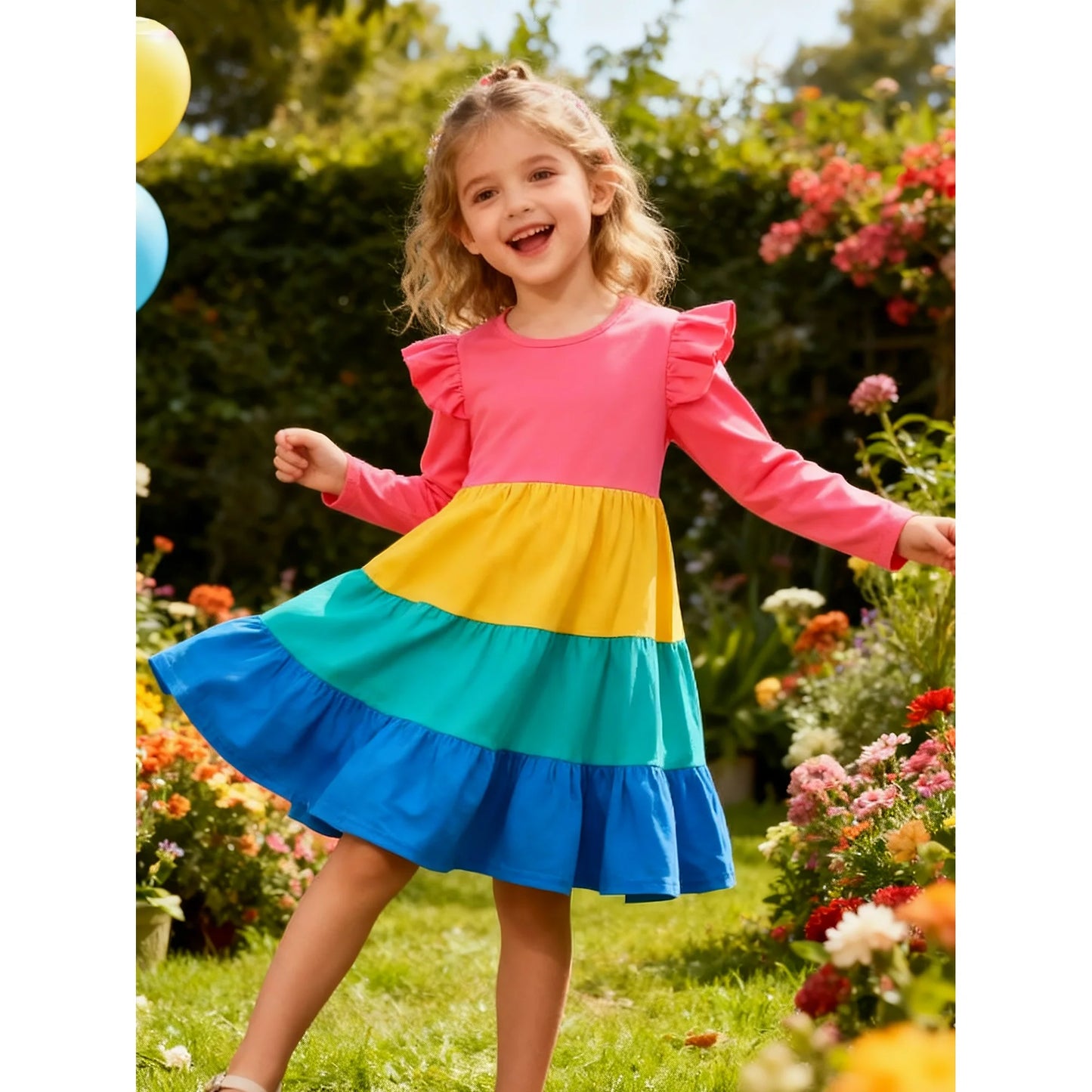 HILEELANG Toddler Girl Long Sleeve Dress Ruffle Solid Color Cotton Casual Tiered Pleated Twirly Dress