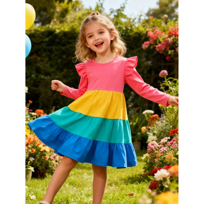 HILEELANG Toddler Girl Long Sleeve Dress Ruffle Solid Color Cotton Casual Tiered Pleated Twirly Dress