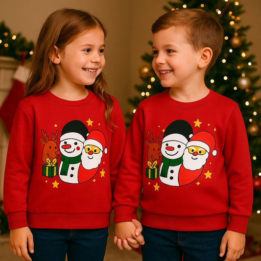 HILEELANG Kids Christmas Sweatshirt, Cotton Pullover Holiday Top with Santa Claus, Snowman and Reindeer Print, Unisex Long Sleeve Shirt for Toddler Boys Girls
