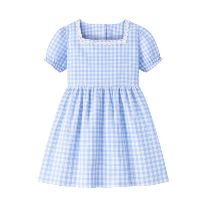 HILEELANG 3-13T Little/Big Girls Blue Gingham Square Neck 100% Cotton Dress