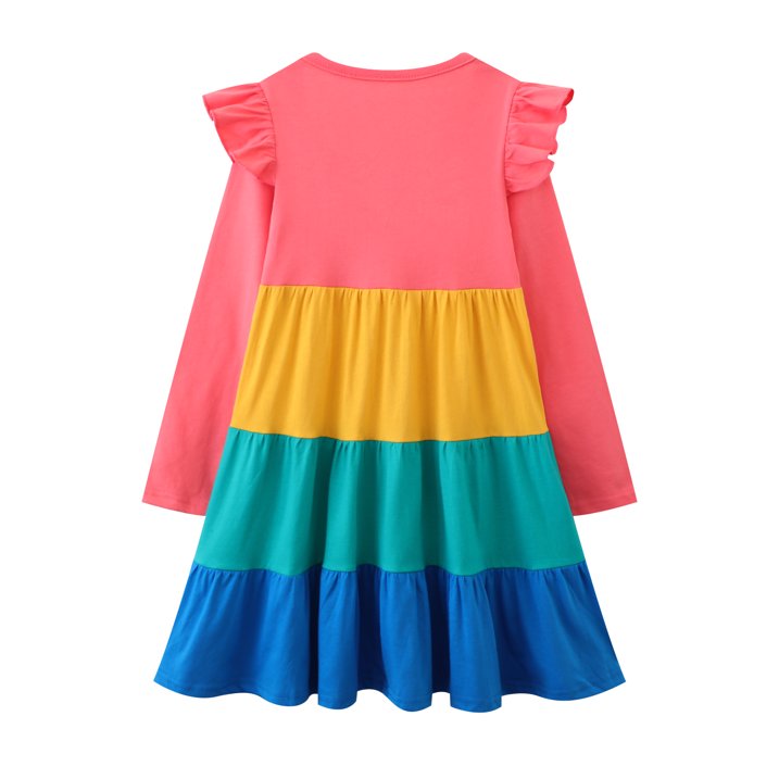 HILEELANG Toddler Girl Long Sleeve Dress Ruffle Solid Color Cotton Casual Tiered Pleated Twirly Dress