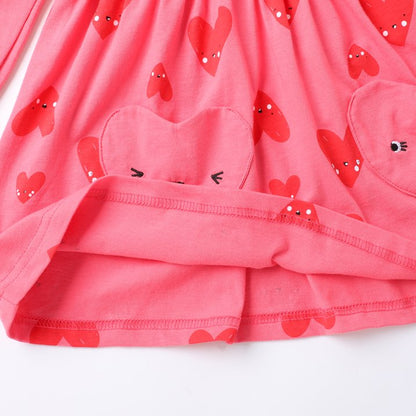 HILEELANG Toddler Girls Cotton Dress 2-7T, 100% Soft Cotton, Long Sleeve Cute Heart Print Casual Princess Outfit