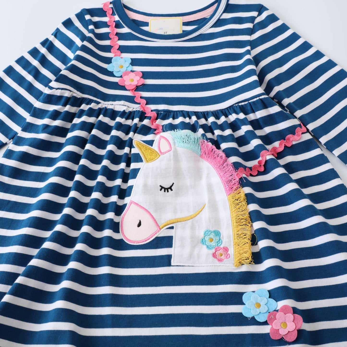 HILEELANG Toddler Girls Long Sleeved Dresses Christmas Winter Cotton Casual Cute Stripe Unicorn Cartoon Pattern Dress