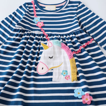 HILEELANG Toddler Girls Long Sleeved Dresses Christmas Winter Cotton Casual Cute Stripe Unicorn Cartoon Pattern Dress