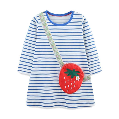 HILEELANG 100% Cotton Girls Long Sleeve Dress with NavyUnicorn ,NavyStripeDog,StripeStrawberry and FloralPumpkin – Ages