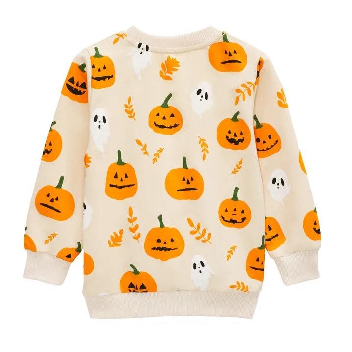 HILEELANG Toddler(18M-7T) Halloween Sweatshirt – 100% Cotton Pullover with Pumpkin Ghost and Leaf Print, Beige Fall Crewneck for Boys Girls