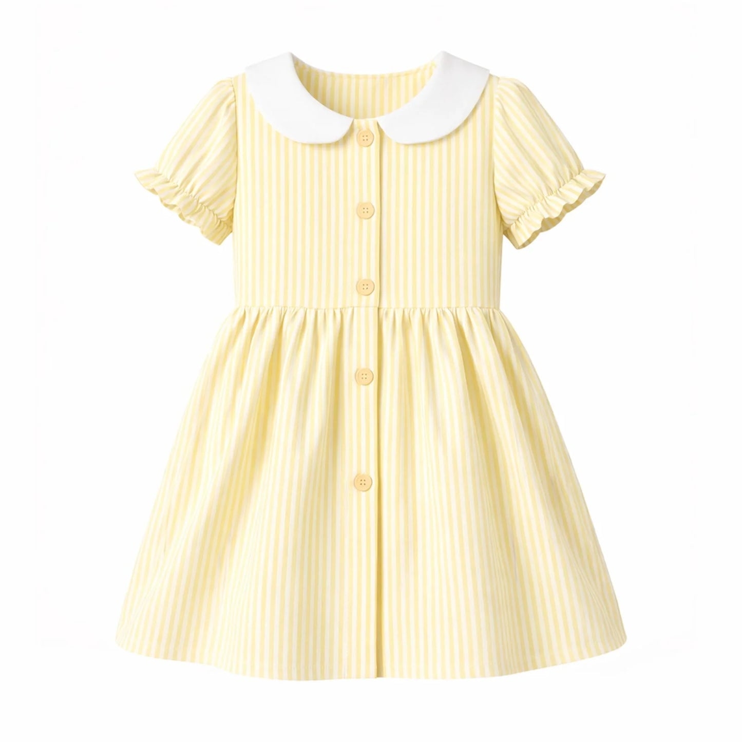 HILEELANG 2-7T Toddler/Little Girls Light Yellow White Stripe 100% Cotton Dress