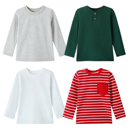HILEELANG Toddler Boys Long Sleeve T-Shirts (18M–7Y) 4-Pack-Red Stripe Grey Green White Cotton Multipack Tops Tee Shirts