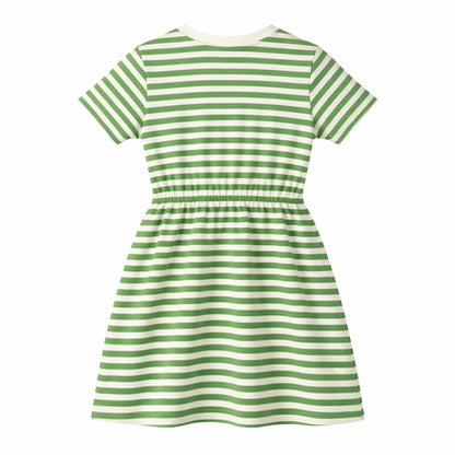HILEELANG 4–13 Little/Big Girls Green White Stripe V-Neck Short Sleeve Dress with Waist Tie