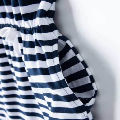 HILEELANG 4–13 Little/Big Girls Navy White Stripe Casual Short Sleeve Dress with Waist Tie