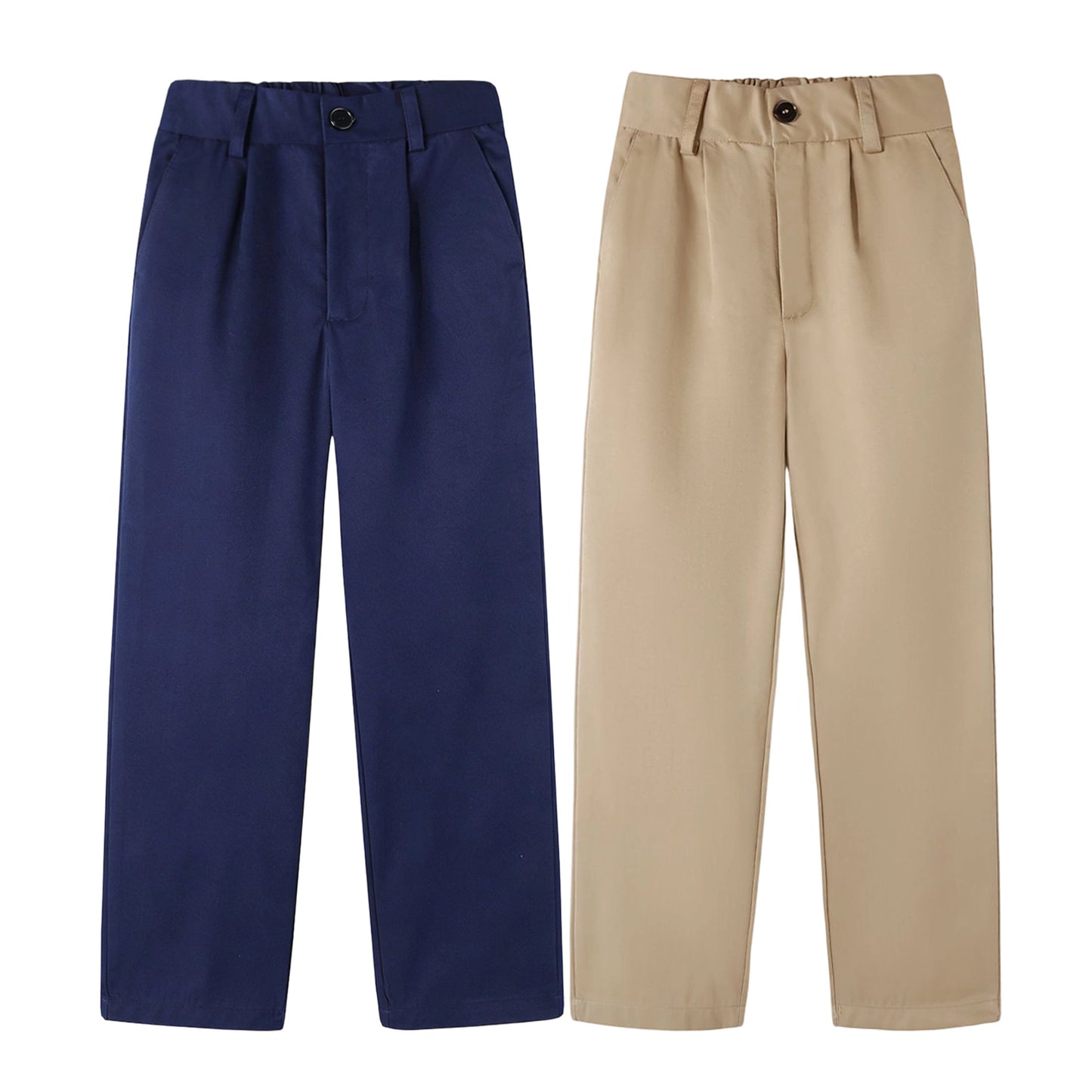 HILEELANG 4-15 Little/Big Boys and girls Chino Pants Straight Leg Button Front Twill School Uniform Everyday Wear Navy Khaki 2 Pack