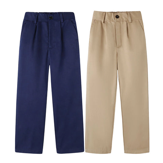HILEELANG 4-15 Little/Big Boys and girls Chino Pants Straight Leg Button Front Twill School Uniform Everyday Wear Navy Khaki 2 Pack