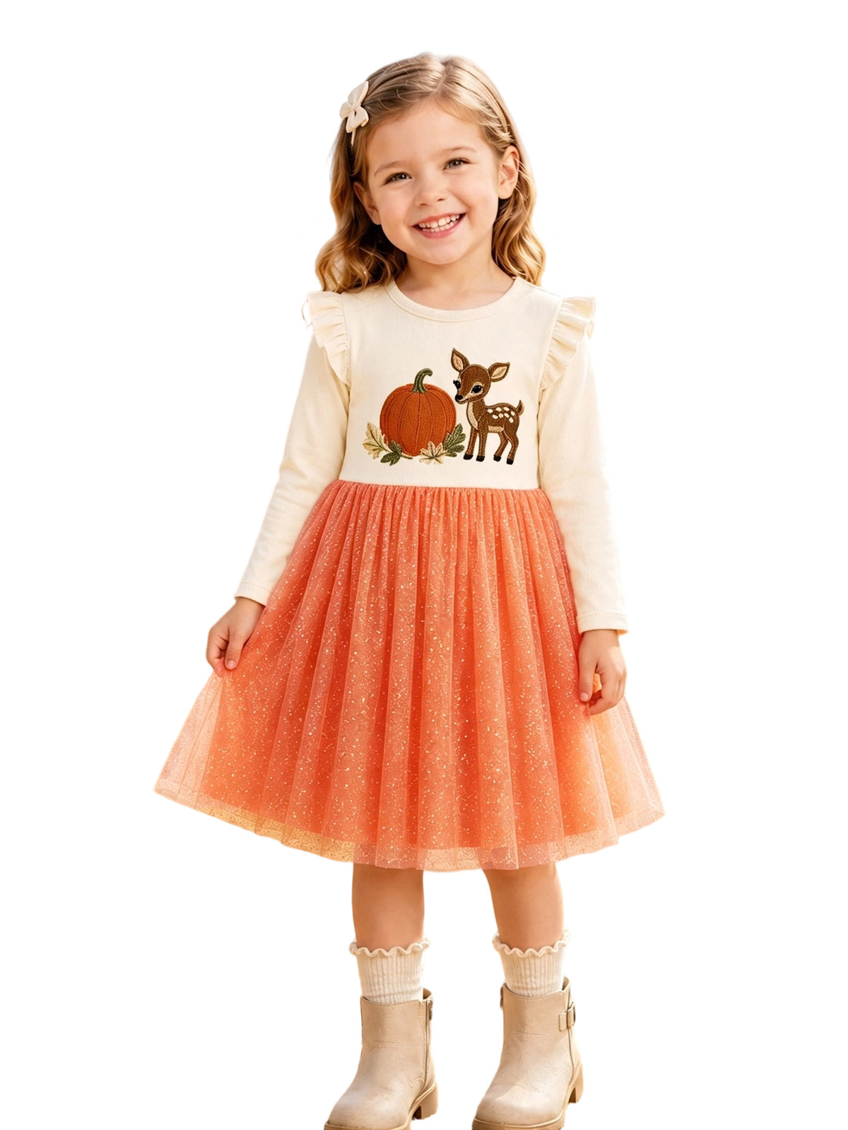 HILEELANG Toddler Girls Pumpkin Deer Layered Dress, Long Sleeve 2-7Y