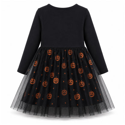 HILEELANG Girls Cotton Halloween Dress Long Sleeve Black Cat Pumpkin Tulle Dress
