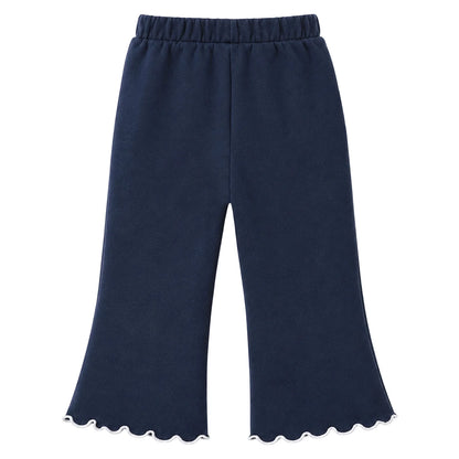 HILEELANG Girls 2 Piece Outfit Set, Bow Detail Long Sleeve Top & Flare Pants, Scallop Trim, Navy Blue