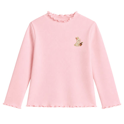 HILEELANG Toddler Girls Long Sleeve T-Shirts 2-Pack, Ruffle Trim Deer Embroidery, Ivory and Pink