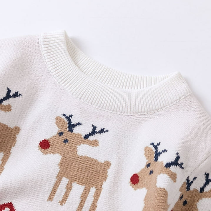 HILEELANG Toddler Boy Girl Sweater Christmas Knit Pullover Crewneck Offer White Red Christmas Elk Deer Sweatshirts Holiday Sweater