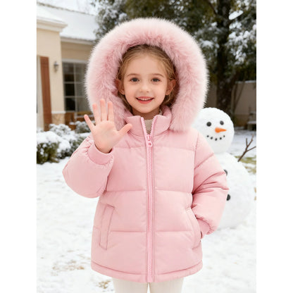 HILEELANG Toddler Baby Girl Winter Puffer Jacket with Faux Fur Hood – Warm Windproof Water-Resistant Coat 12M–7T, Lightweight Quilted Pink Outerwear for Cold Weather