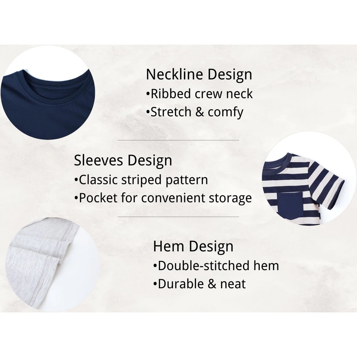 HILEELANG 4-13 Little/Big Boys Navy/Gray/Stripe Classic Stripe Pocket 100% Cotton 3-Pack Short Sleeve T-Shirt