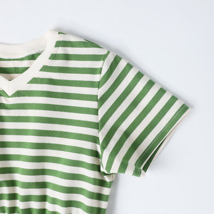 HILEELANG 4–13 Little/Big Girls Green White Stripe V-Neck Short Sleeve Dress with Waist Tie