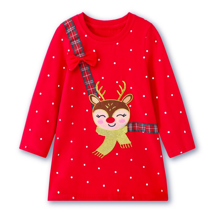 HILEELANG Toddler Girls Christmas Long Sleeve Dress Cotton Casual Red Elk Embroidery Jersey Shirt Fall Winter Holiday Playwear Dresses