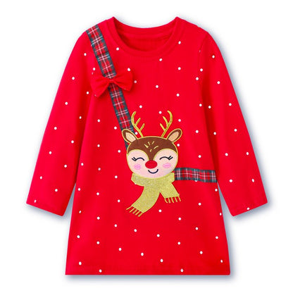 HILEELANG Toddler Girls Christmas Long Sleeve Dress Cotton Casual Red Elk Embroidery Jersey Shirt Fall Winter Holiday Playwear Dresses