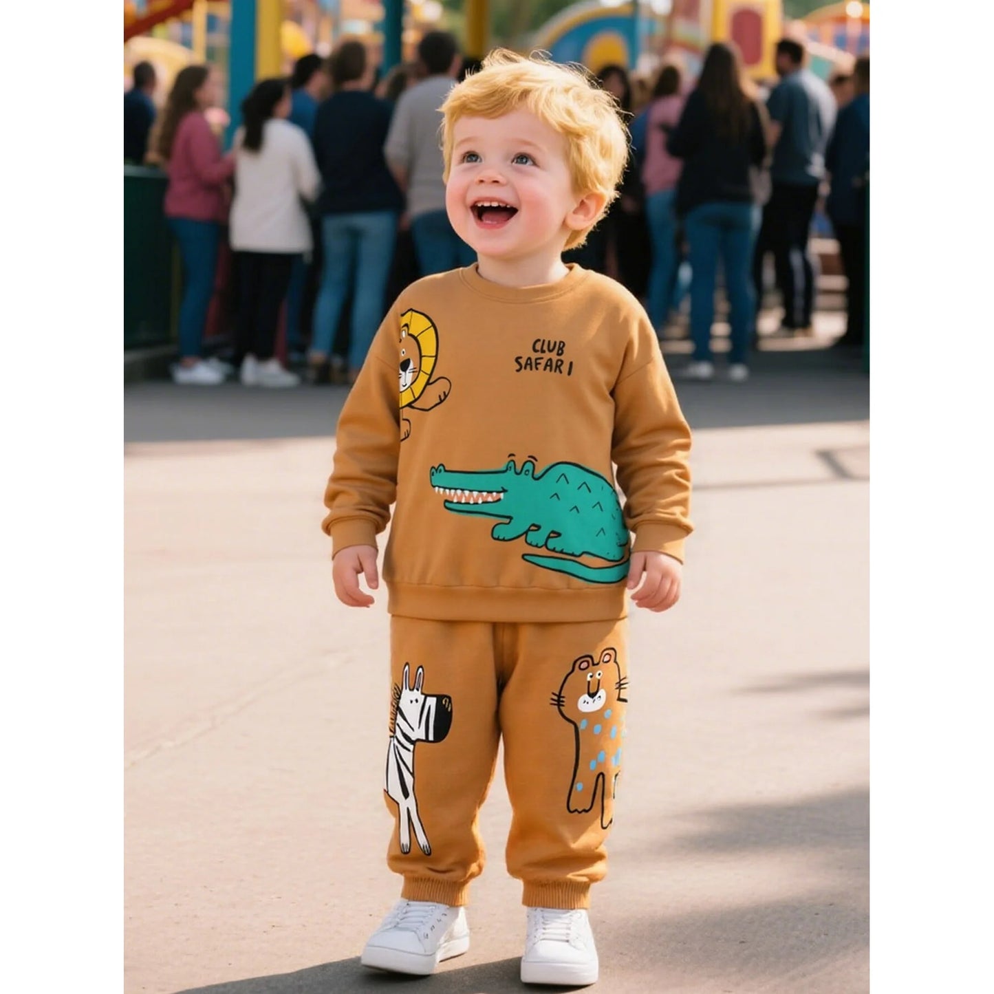 HILEELANG Toddler Boys （2-7Y) 2-Piece Outfit Set, Cartoon Safari Animal Print Sweatshirt and Pants, Soft Fall Spring Clothing