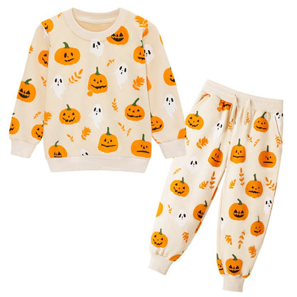 HILEELANG Toddler Girls Halloween Pants（Age:2-7Y) Set Light Offer White Pumpkinr Sweatshirt Joggers Sweatsuit Winter Playwear Outfits Clothing Sets