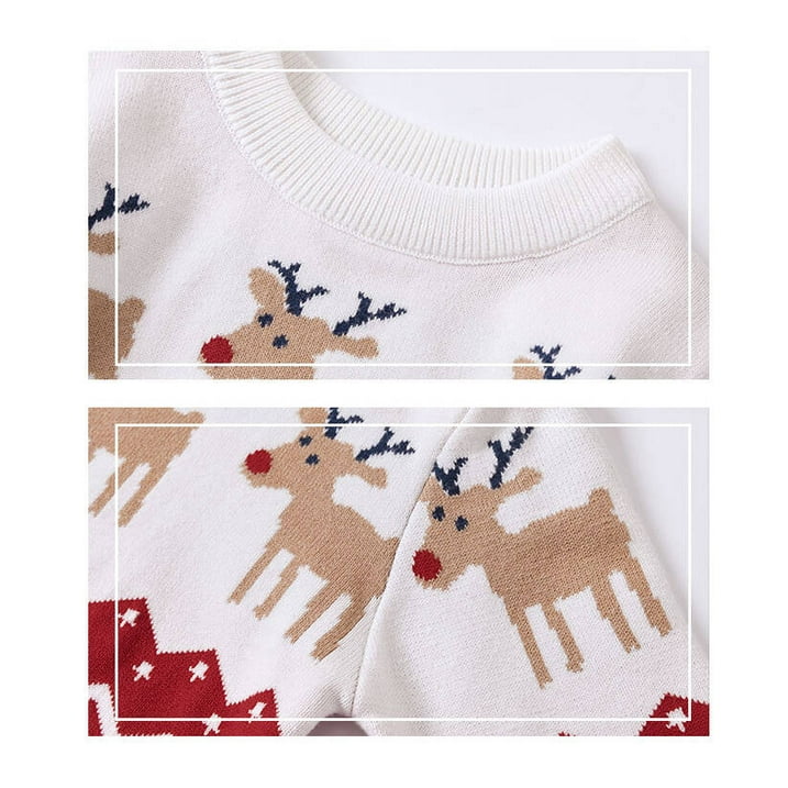 HILEELANG Toddler Boy Girl Sweater Christmas Knit Pullover Crewneck Offer White Red Christmas Elk Deer Sweatshirts Holiday Sweater
