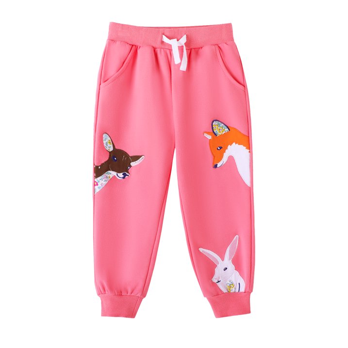 HILEELANG Toddler Girls （Age:12M-7Y) Cotton Joggers Sweatpants Animal Embroidery Drawstring Waist and Pockets-Pink Purple Casual Athletic Pants for Kids