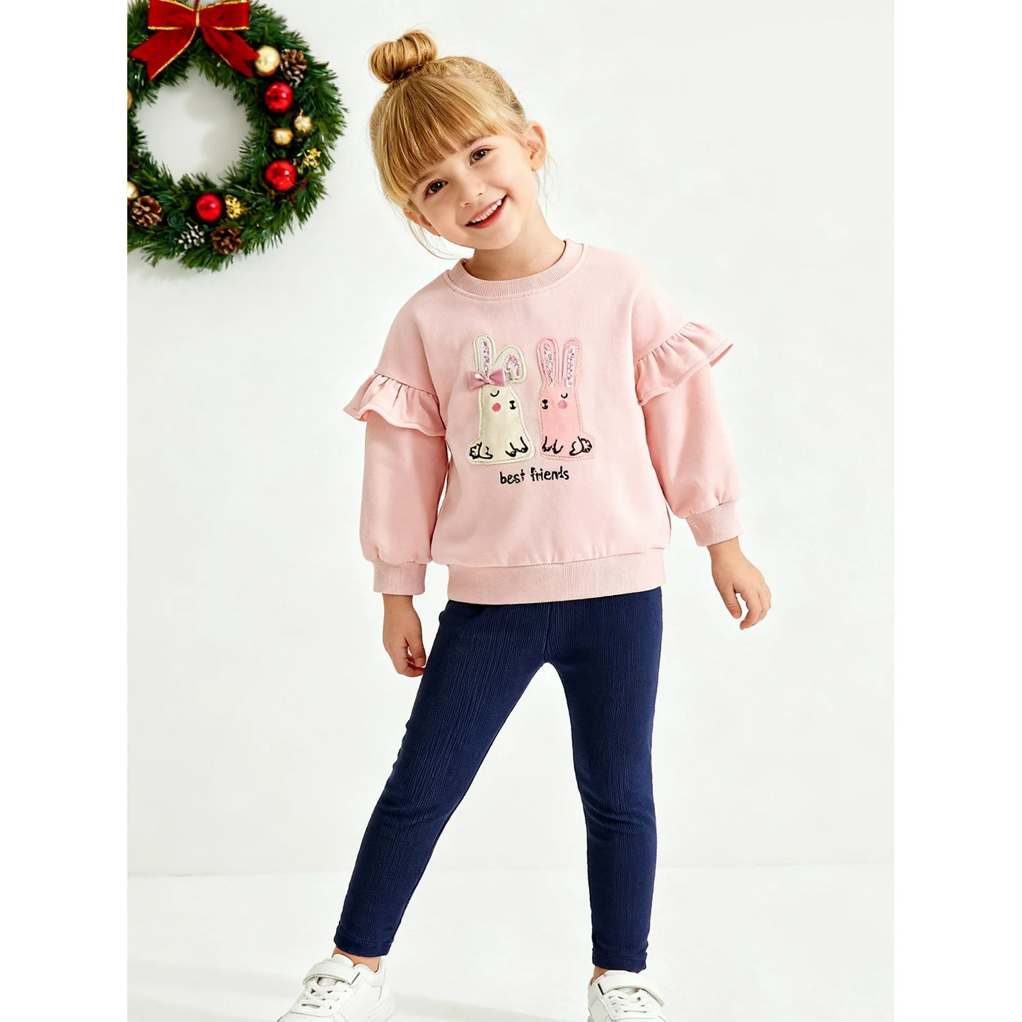 HILEELANG Toddler Girl Sweatshirt and Leggings Set（Age:2-7Y) – Lotus leaf Long Sleeve Pink Best Friend Pullover and Navy Pants, Fall Winter for Kids