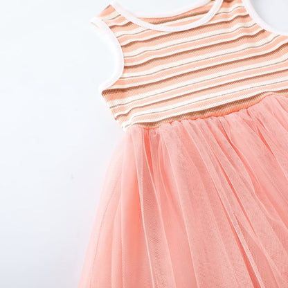 HILEELANG 2-7T Toddler Little Girls Striped Ribbed Tulle Dress, Sleeveless Peach Tutu Sundress for Summer