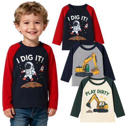 HILEELANG Toddler Boys（2Y-7Y) Shirt 3-Pack Excavator Graphic Long-Sleeve Tees Winter Cotton Casual Crewneck T-Shirts